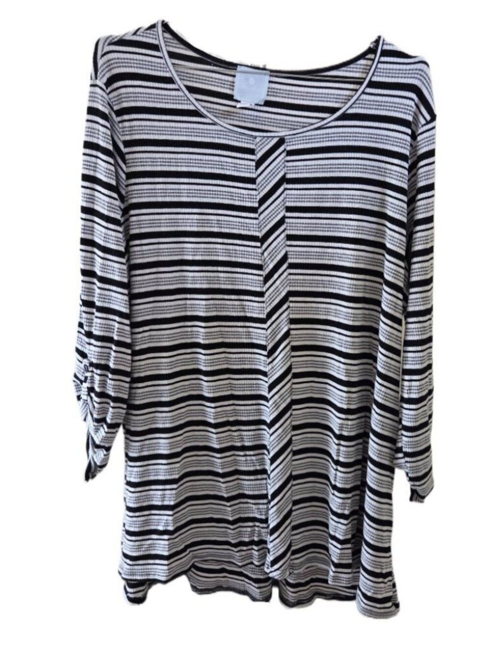 Sunday Striped Relaxed Fit Long Sleeve Top with Ruched Roll Tab Cuffs
